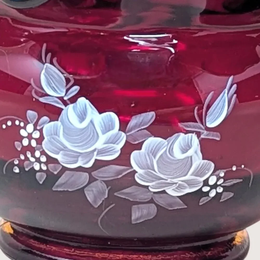 1980s Fenton Ruby Red Glass Hand Painted Ruffled Vase